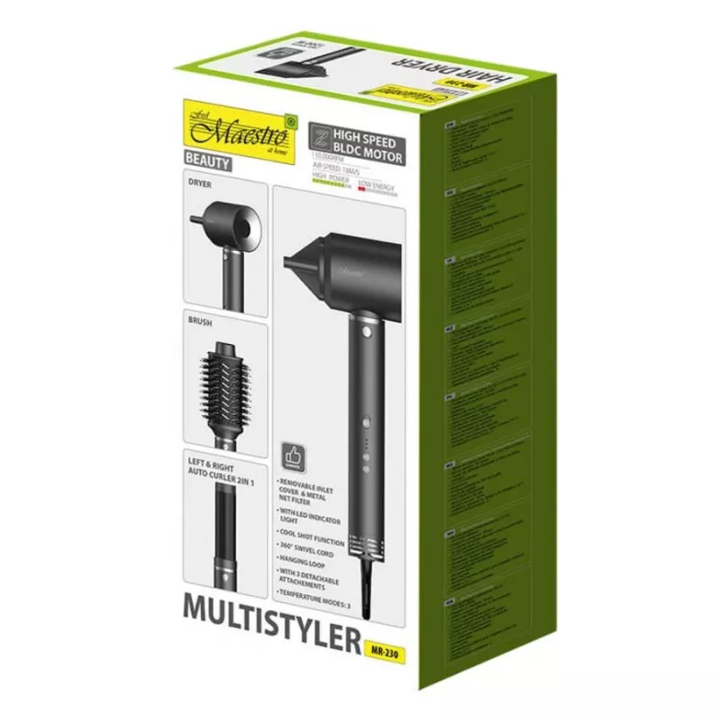 Multistyler 3in1 conjunto de cuidados de cabelo Maestro MR-230 — secador de cabelo, escova secadora e modelador de caracóis automático, 1200 W, motor BLDC, caracóis de 3,5 cm, 2 níveis de temperatura, preto