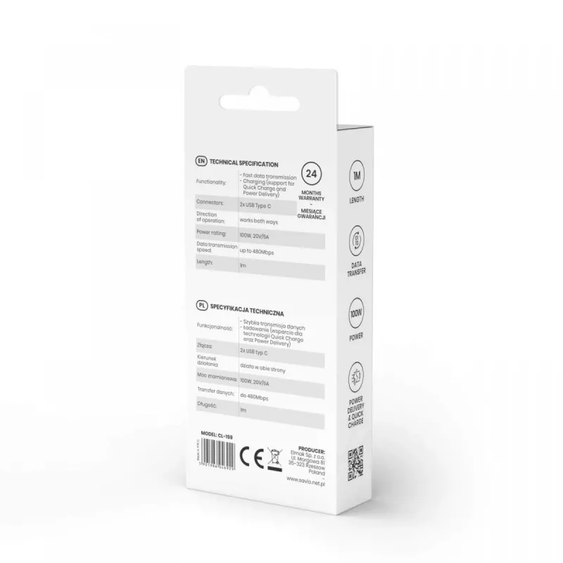 Cabo USB-C para USB-C SAVIO CL-159 1 m, USB 2.0 (480 Mbit/s), preto, 2,1 A