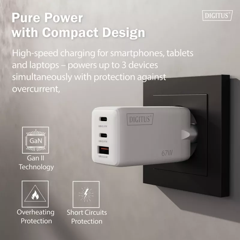 Carregador de parede DIGITUS DA-10303 67W GaN, 2× USB-C + 1× USB-A, 100–240V, branco