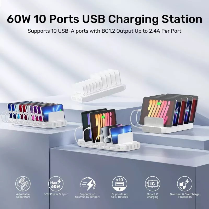 Estação de carregamento Unitek 10x USB 2.4A 60W branco