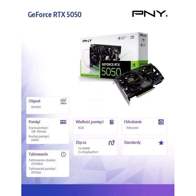Placa gráfica PNY GeForce RTX 5050 – 8 GB GDDR6, 2317 MHz, 128-Bit, PCIe x8 5.0, refrigeração Dual-Fan