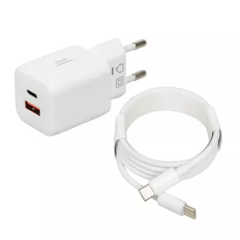 Carregador USB IBOX ILUC42W 42W (máx. 33W), 1×USB-C PD3.0, 1×USB-A QC3.0, 100–240V, branco