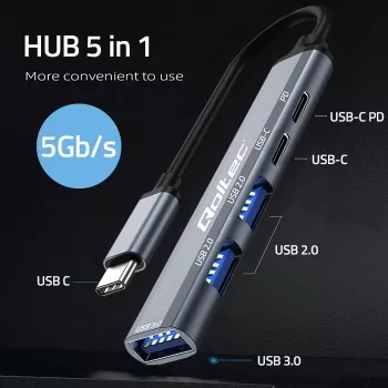 Qoltec 53790 Hub adaptador USB-C 3.1 5em1 | USB-C PD | USB-C | 2x USB 2.0 | USB 3.0