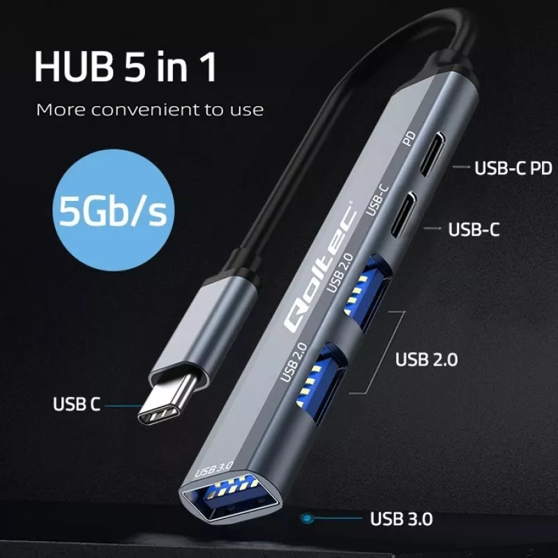 Qoltec 53790 Hub adaptador USB-C 3.1 5em1 | USB-C PD | USB-C | 2x USB 2.0 | USB 3.0