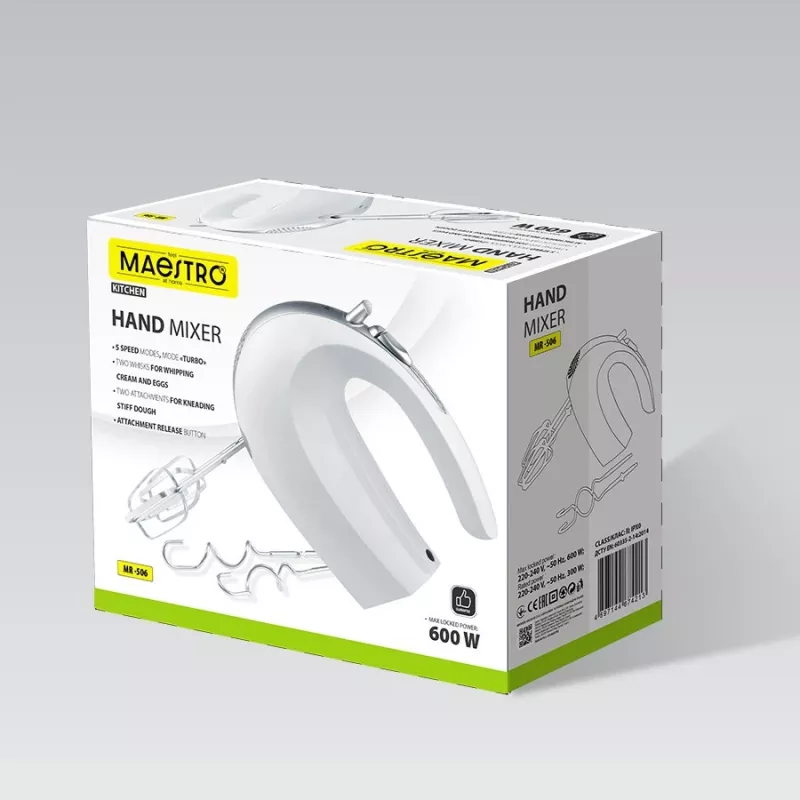 Batedeira de mão Maestro MR-506 – 2 velocidades, branca, batedeira de cozinha compacta
