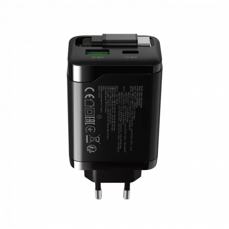 Carregador CANYON OnCharge 65RC com cabo USB-C integrado, 65 W, 1x PD, 1x QC, ficha EU, preto