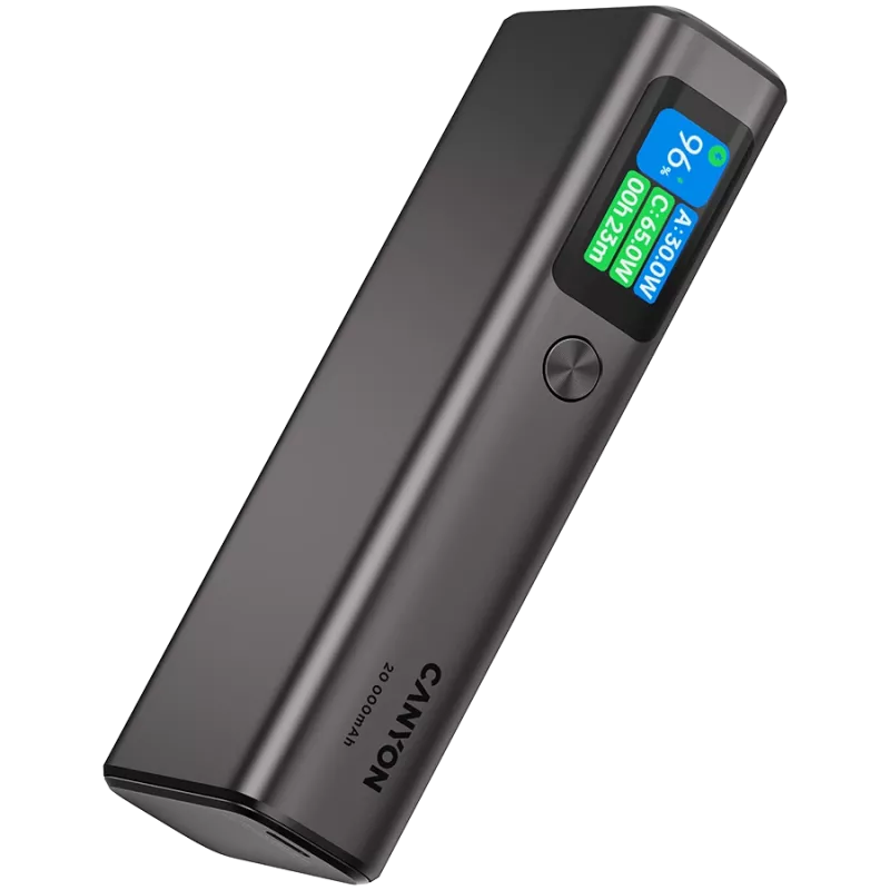 Canyon OnPower 230 TFT bateria externa, 20000 mAh, PD 130 W, 2x USB-C + USB-A, caixa metálica, cinzento escuro