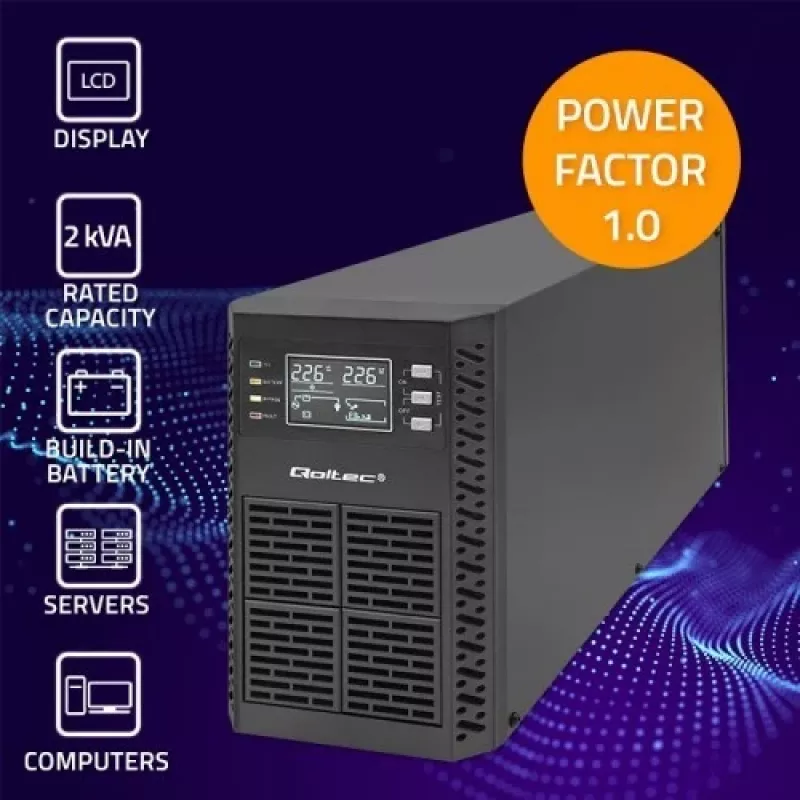 Qoltec 52281 UPS (fonte de alimentação ininterrupta) dupla conversão (Online) 2 kVA 2000 W 3 saídas AC