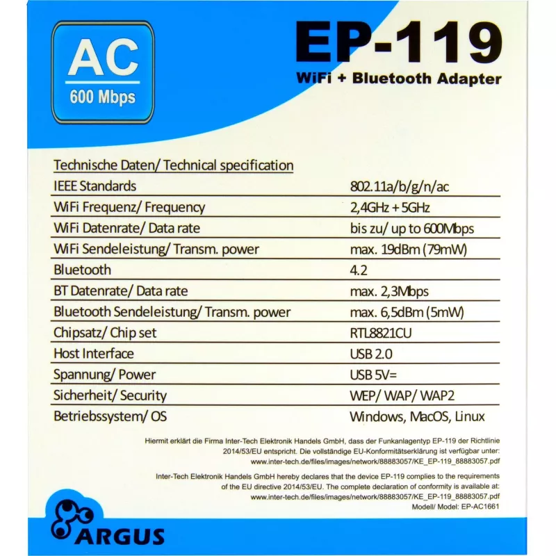 Adaptador USB Wi-Fi/Bluetooth INTER-TECH EP-119, Wi-Fi 5 (802.11ac) dual-band 600 Mbit/s