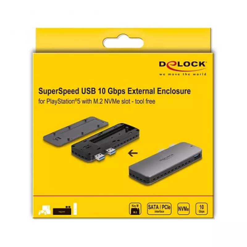 Caixa para SSD DeLOCK USB 3.2 Gen 2 para PlayStation5 M.2 NVMe sem ferramentas