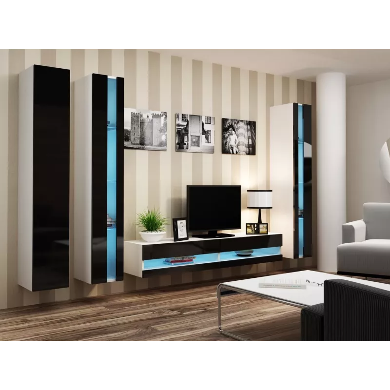 Suporte de TV Cama Meble VIGO NEW 30/180/40, tampo branco, estrutura preta brilhante, 1800×400×300 mm