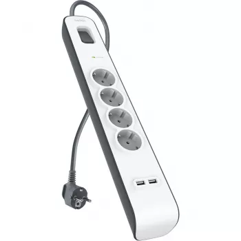 Régua de tomadas Belkin 525J com 4 tomadas Schuko e 2 portas USB-A, cabo de 2 m