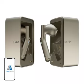 Tradutor In-Ear Timekettle W4 AI dourado — auscultadores de interpretação simultânea