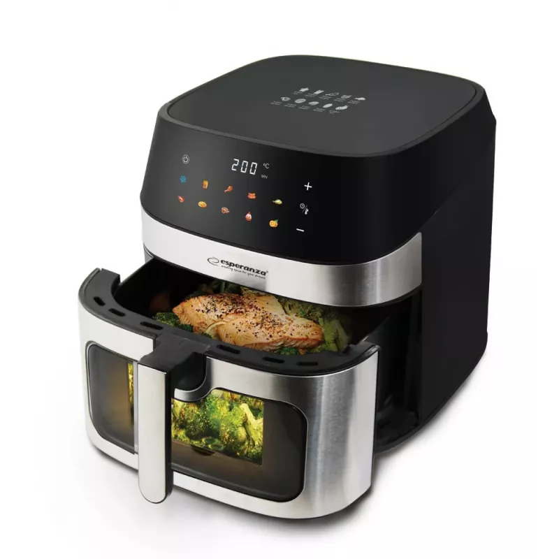 Fritadeira de ar quente ESPERANZA EKA005, capacidade de 8 L, 1600 W, controlo tátil, 10 programas, aço inoxidável, preto