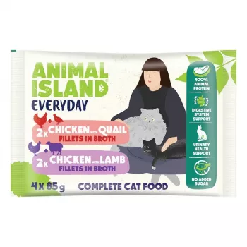 ANIMAL ISLAND frango / codorniz & frango / filetes de cordeiro em caldo - comida húmida para gatos - 4x85g