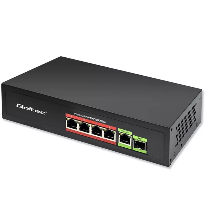 Switch Ethernet PoE QOLTEC 52296 — 4 portas RJ45 PoE, 1 uplink RJ45