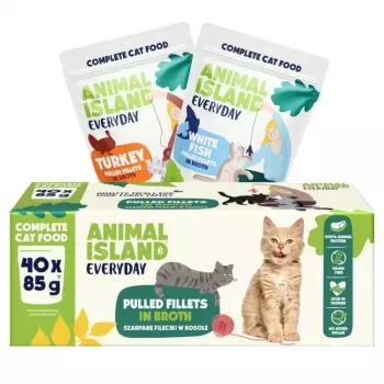 Alimento húmido para gatos animal island Everyday Filetes de peru e peixe branco em caldo, 40 x 85 g, adulto, sem cereais, saquetas frescas