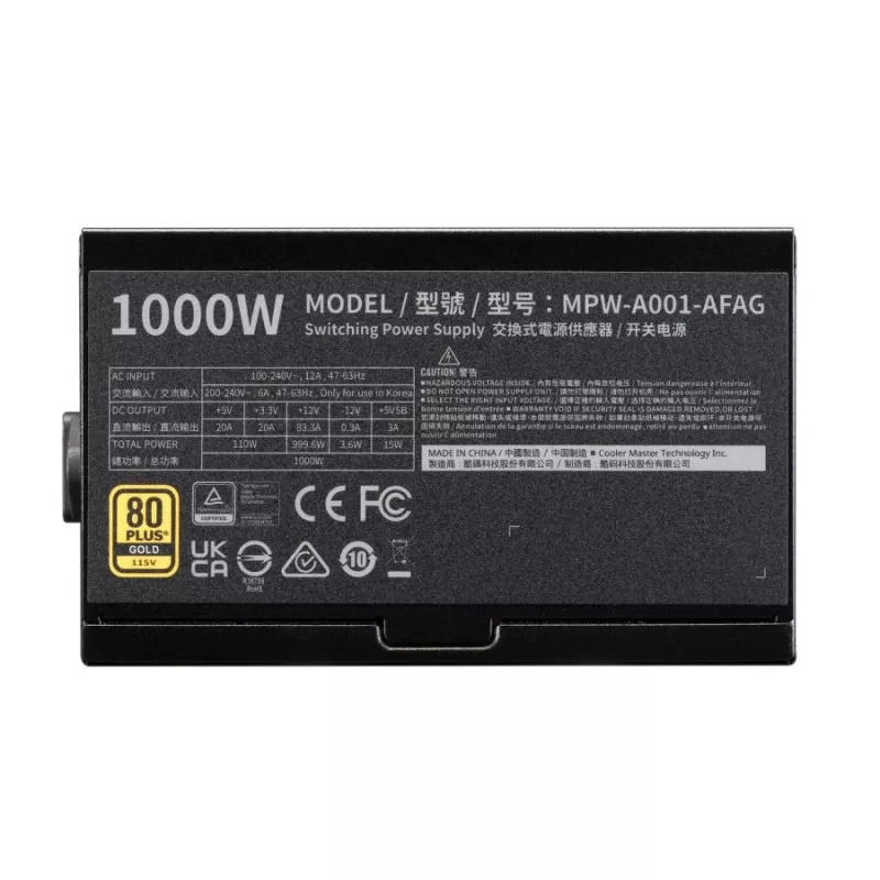 Fonte de alimentação Cooler Master MPW-A001-AFAG-BEU Gold 80+ 1000W, INTEL ATX 3.1, 135mm, ventoinha FDB de longa duração