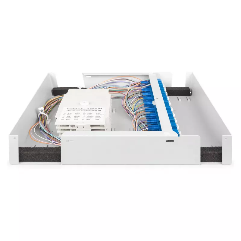 Armário de parede de fibra ótica DIGITUS DN-96843M-OS2, monomodo, pré-montado, 24×LC DX adaptador com pigtails, aço, cinzento, 320×54×280 mm