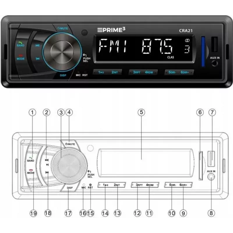 Recetor de rádio FM para automóvel PRIME3 CRA21 BT Bluetooth com sintonizador FM e conectividade Bluetooth
