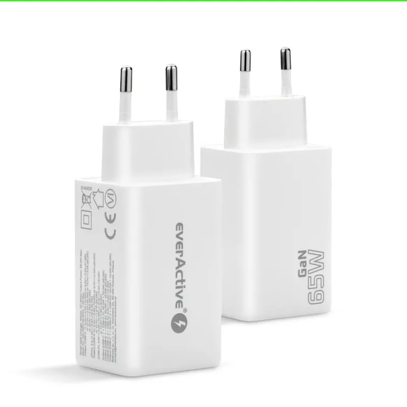 Carregador everActive SQ-655Q 65W, 1×USB-A + 2×USB-C carregamento rápido