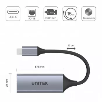 Placa de rede Unitek U1312A, IEEE 802.3, cinzento, cabo de 0,5 m