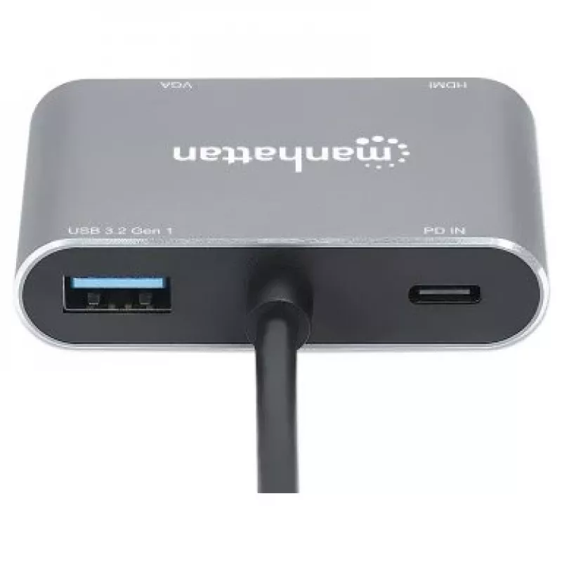Docking station USB-C Manhattan, ligações (x4): HDMI, USB-A, USB-C e VGA, com Power Delivery (PD) 87W – carregador USB-C externo necessário (não incluído). Alimentado por USB (sem fonte de alimentação externa necessária) quando o PD não é utilizado, alumínio