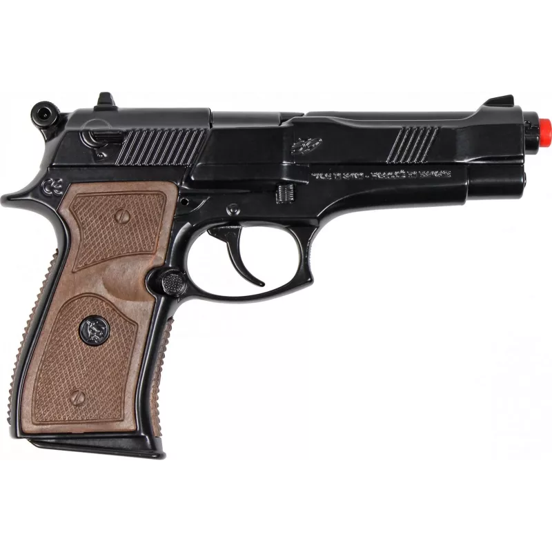 Pistola de polícia de brincar em metal Pulio modelo 15539/6 — construção em metal, acessório de brinquedo