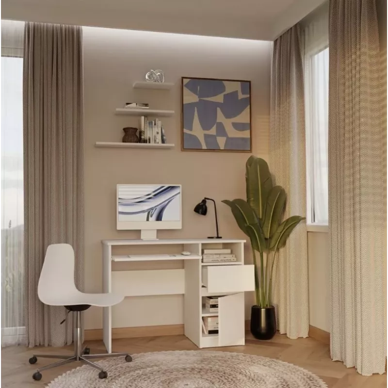 Secretária e shop PORTO direita branco, tampo retangular de aglomerado 985×510×755 mm, 1 gaveta, prateleira para teclado