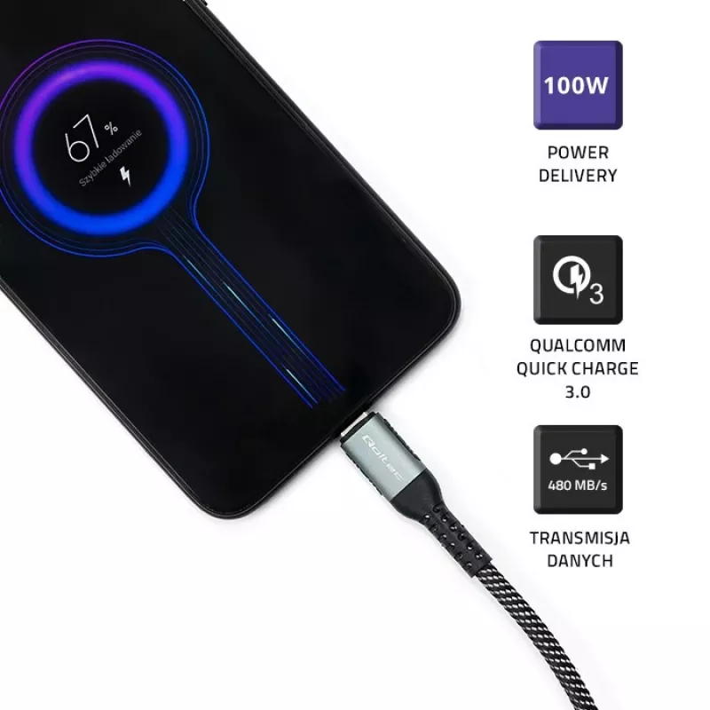 Qoltec 52358 cabo USB-C para USB-C, USB 2.0, 480 Mbps, 100 W PD, QC 3.0, entrançado de nylon, 1,5 m, preto