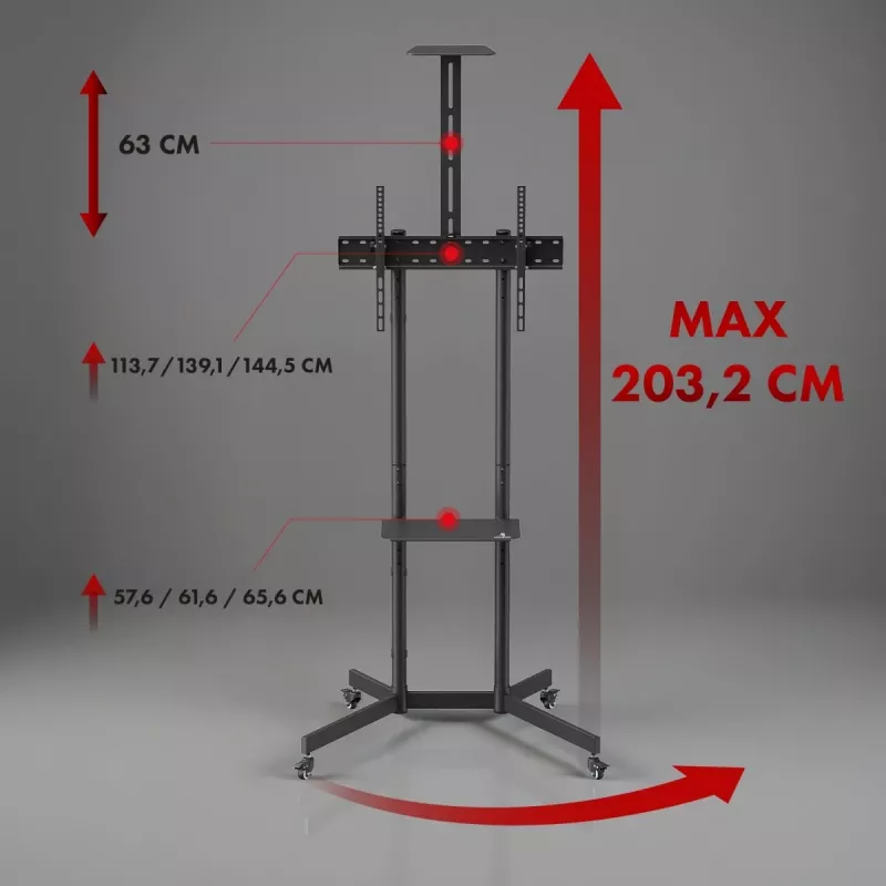 Suporte / carrinho para TV Maclean, prateleira para câmara, com rodas, 37-70, carga máx. 45 kg / 5 kg prateleira, VESA máx. 600x400, MC-113 B