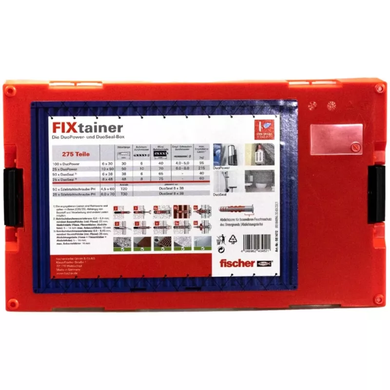 FixTainer - DUOPOWER & DUOSEAL + parafusos, buchas cinzento-claro/vermelho, 275 peças