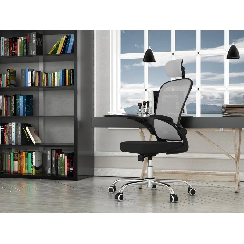 Cadeira de escritório top e shop DORY SZARY — assento estofado, encosto em rede, 650×620 mm, altura até 122 cm