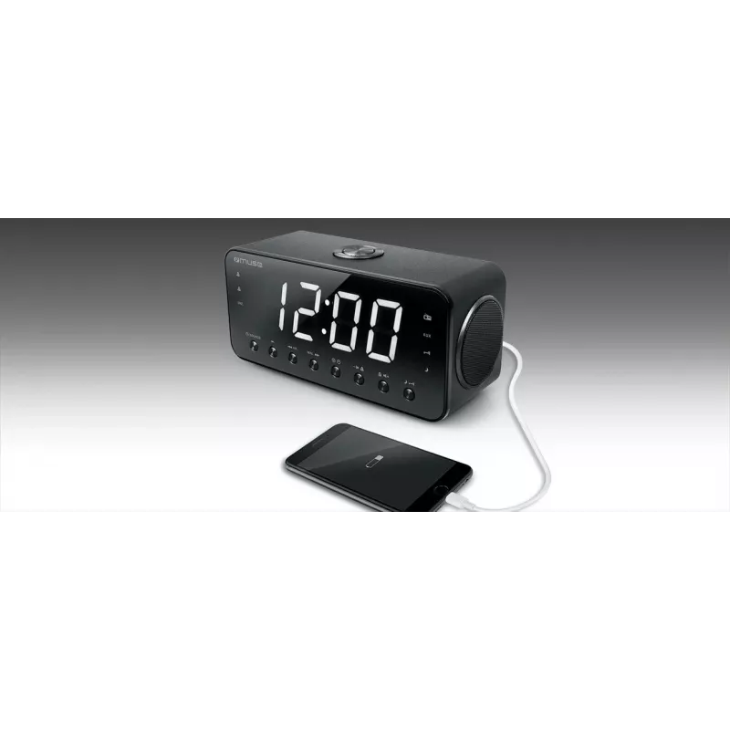 Rádio-despertador Muse M-192 CR — relógio digital, sintonizador FM, ecrã LED de 1,8 polegadas, madeira preta, AC 100–240V, backup AAA