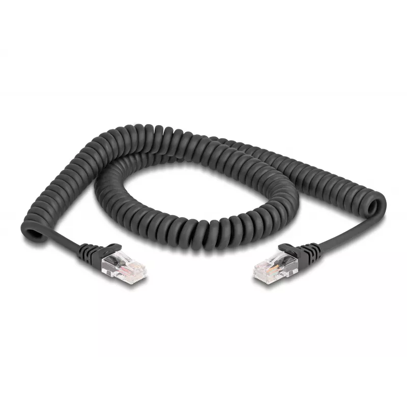 Cabo espiral RJ45 DeLOCK, macho – macho, Cat.5e, 2 m, preto