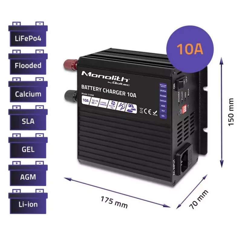Carregador de baterias Qoltec Smart Monolith para baterias LiFePO4 AGM GEL SLA | 10A | 12V