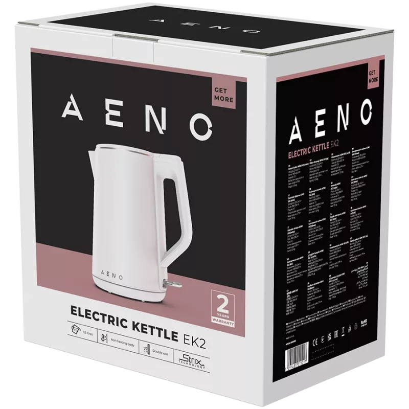 Chaleira AENO EK2: 1850-2200W, 1,5L, Strix, parede dupla, corpo que não aquece, desligamento automático, proteção contra funcionamento a seco