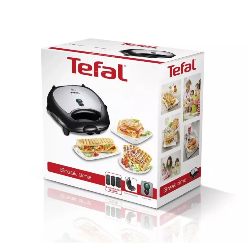 Máquina de sanduíches Tefal Break Time SW6148 — 2 sanduíches, placas antiaderentes removíveis, arrumação de cabo, preto/cinzento