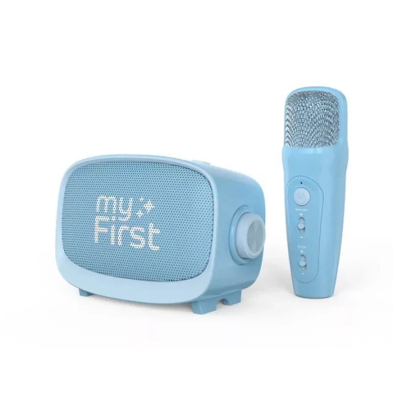 Altifalante portátil para crianças myFirst Voice 2 da myFirst — azul, altifalante sem fios a pilhas com suporte para microfone