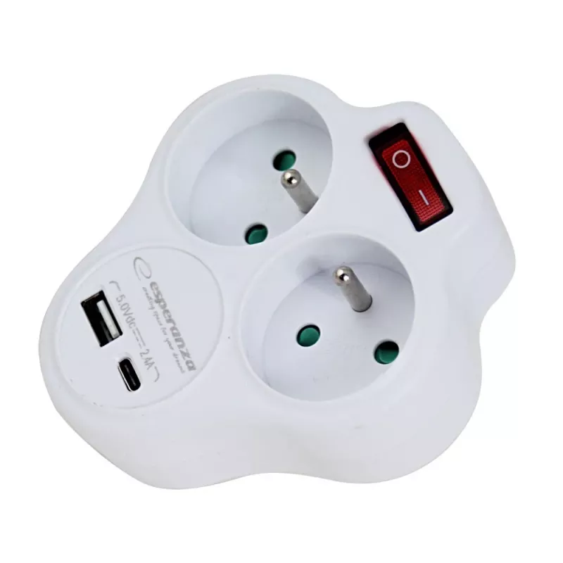 Splitter elétrico Esperanza ELK311W 2 tomadas USB-C USB-A entrada branco