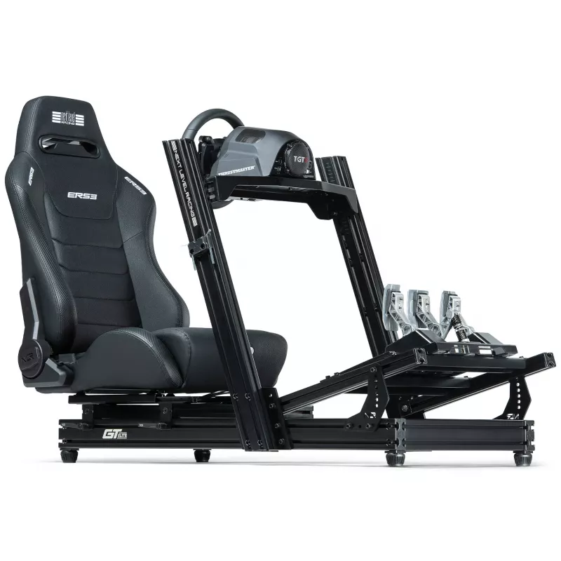 Cadeira de corrida com encosto ajustável Next Level Racing ERS3 Elite Premium — couro sintético preto, encosto reclinável, compatível com montagem em cockpit e no chão