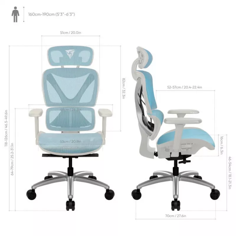 Cadeira de escritório ergonómica thunder x3 TEGC-3073102.B1 — estofamento branco e azul, braços ajustáveis, encosto alto