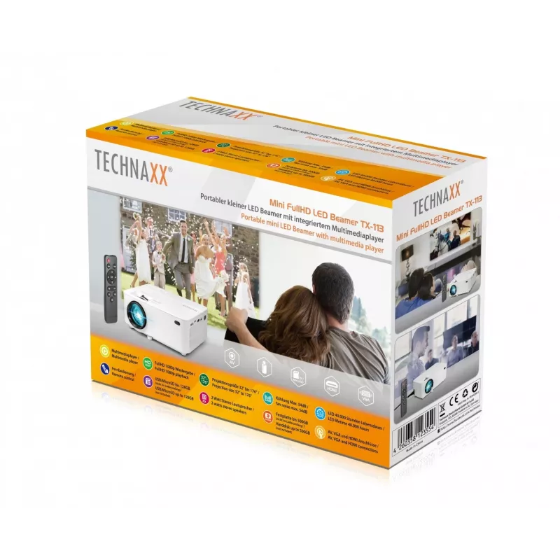 Projetor de distância padrão Technaxx TX-113 1800 ANSI lúmenes LED 800x480 branco