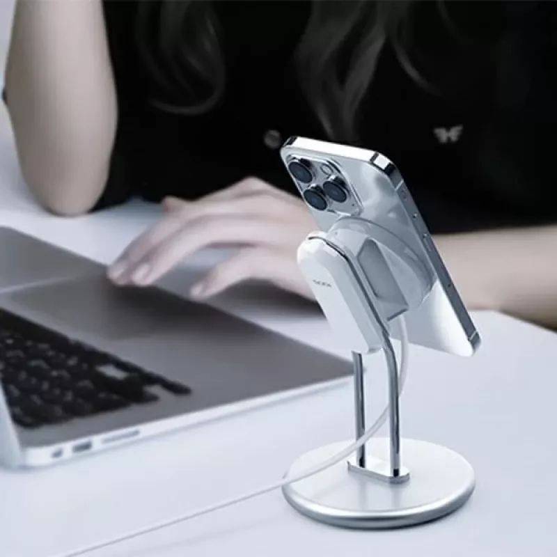 Suporte para telefone SODI SIM-300 prateado MagSafe – suporte de secretária para iPhone compatível com MagSafe