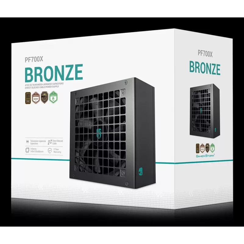 Fonte de alimentação DeepCool PF700X 700W ATX, 80 PLUS Bronze, 700 W, 1x ventoinha 120 mm, 24 pinos, 2x 4+4 CPU, 4x 6+2 PCIe, 6x SATA
