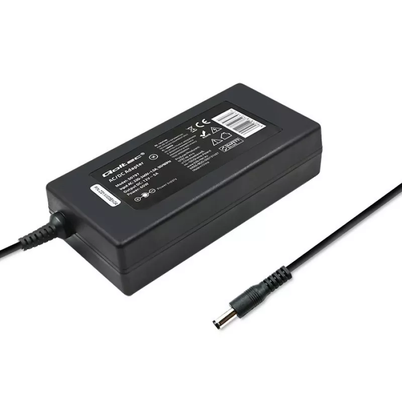 Qoltec 50797 fonte de alimentação de secretária 60 W, 12 V, 5 A, 5,5x2,1 mm, com cabo de alimentação