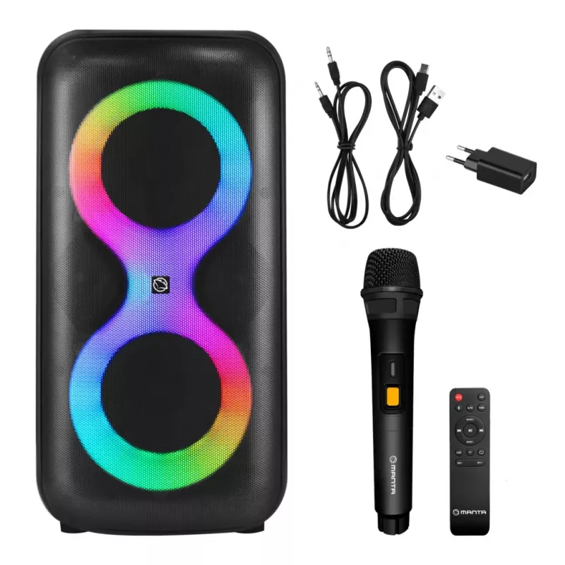 Centro de música portátil MANTA SPK0401B100 coluna Bluetooth, 100 W de potência máxima, rádio FM, karaoke, bateria incorporada, X-BASS