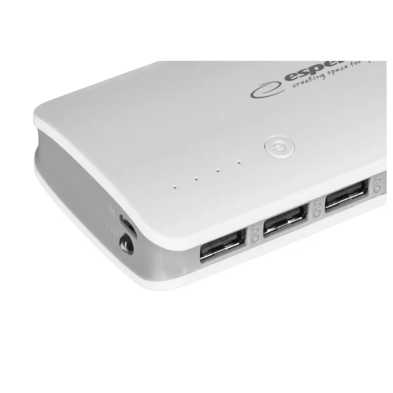 Carregador portátil Esperanza EMP106WE Radium — 8000 mAh, saída para 3 dispositivos, entrada Micro-USB, saídas 5V/2A e 5V/1,5A/1A, cinzento