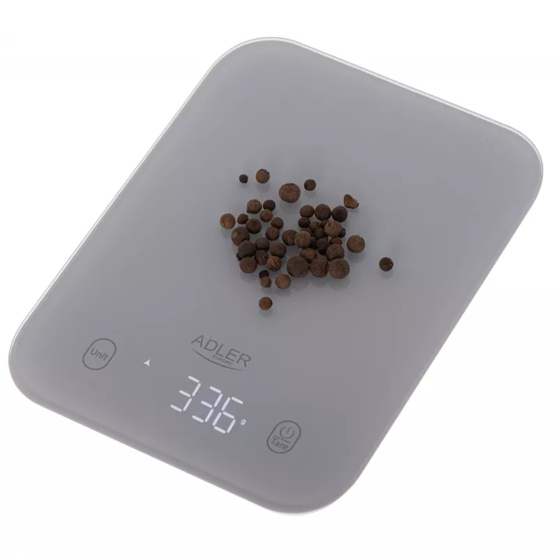 Balança de cozinha Adler AD 3181, vidro temperado, capacidade 10 kg, precisão 1 g, ecrã LCD, cinzento