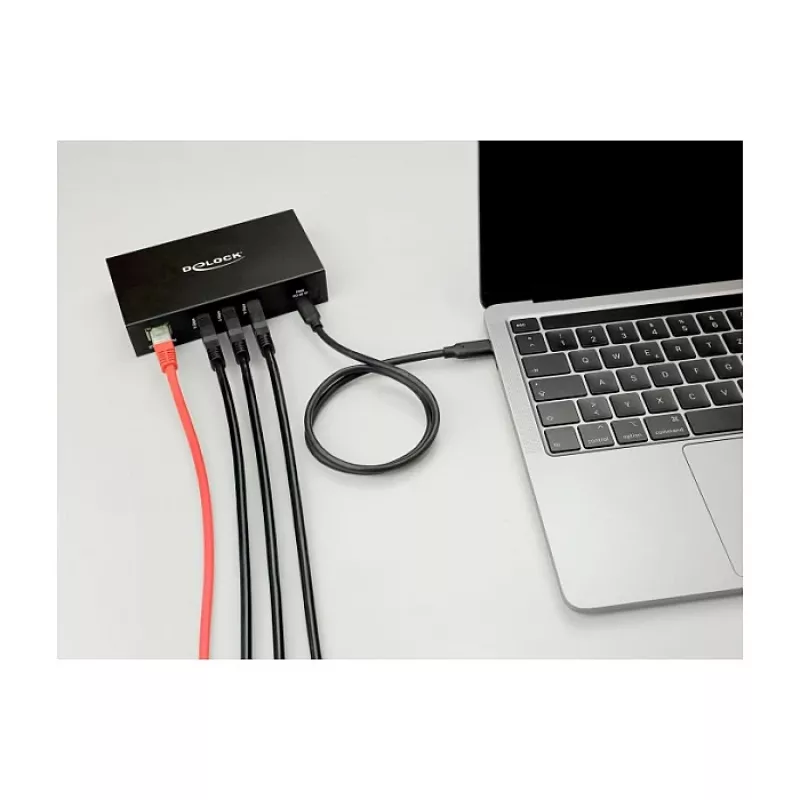 Hub USB DELOCK 3 portas 5 Gbit/s com RJ45 Gigabit PoE++ e host USB Type-C, caixa metálica, isolamento de 1,5 kV, preto